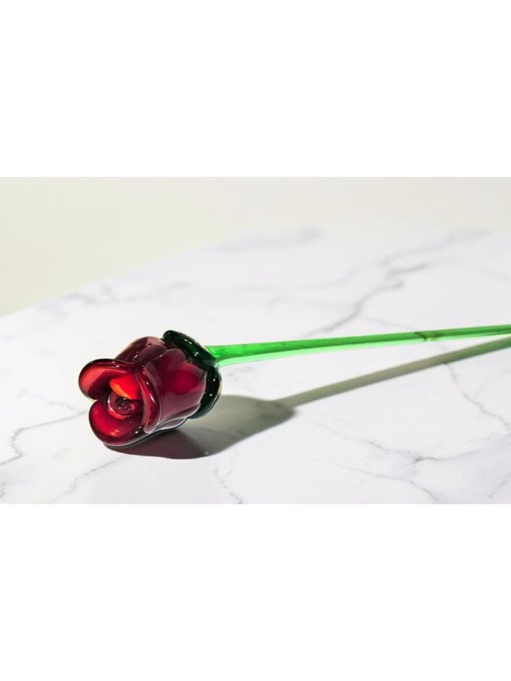 Hand-Blown Art Glass Rose Sculpture 19" Long Red Bud & Green Stem Decorative Art